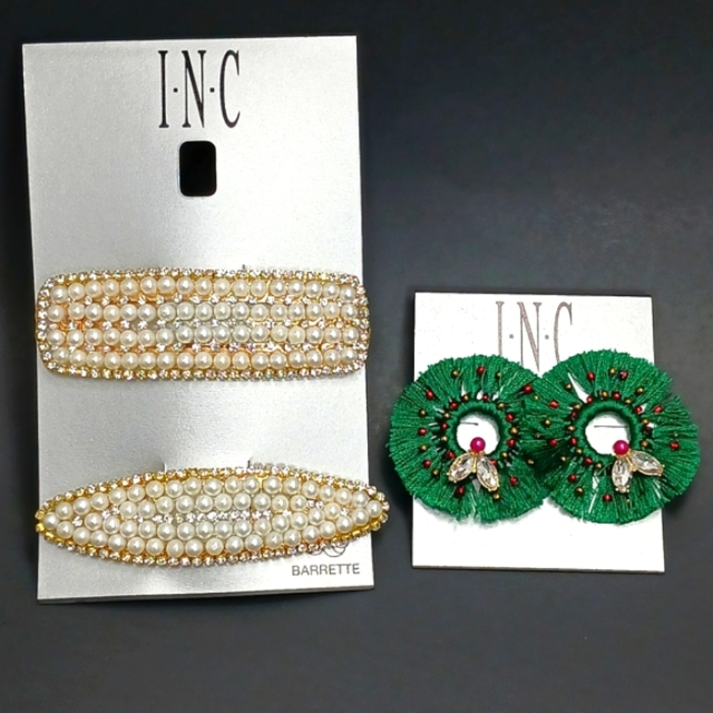 INC Green Thread & Bead Wreath Earrings & Faux Pearl & Rhinestone Barrette NWT